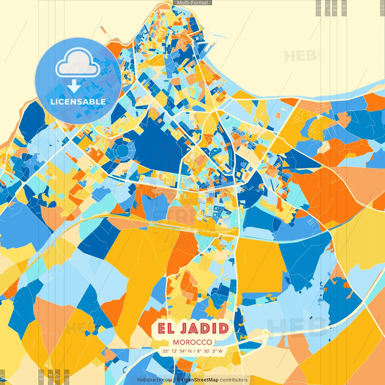 El Jadid, Morocco blue and orange vector art map template