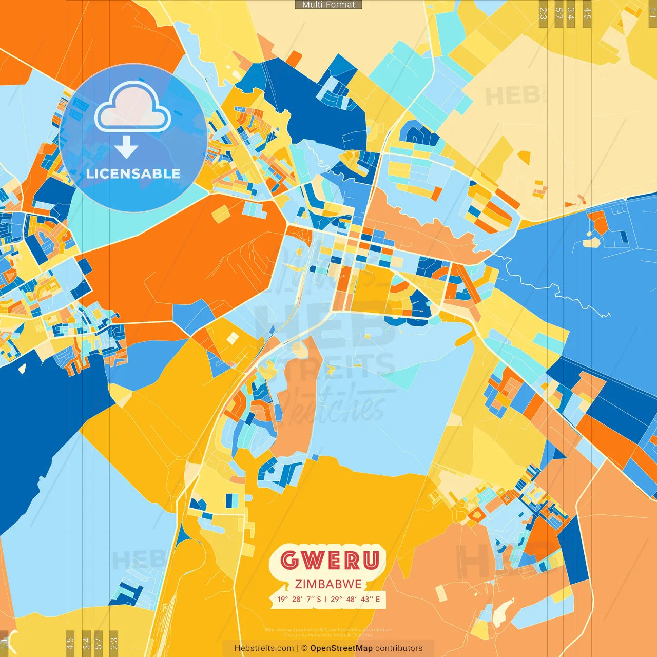 Gweru, Zimbabwe blue and orange vector art map template