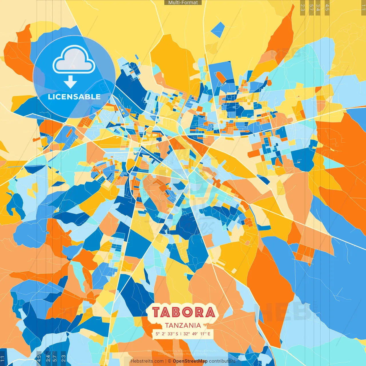 Tabora, Tanzania blue and orange vector art map template