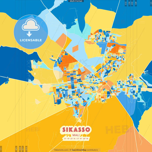 Sikasso, Mali blue and orange vector art map template