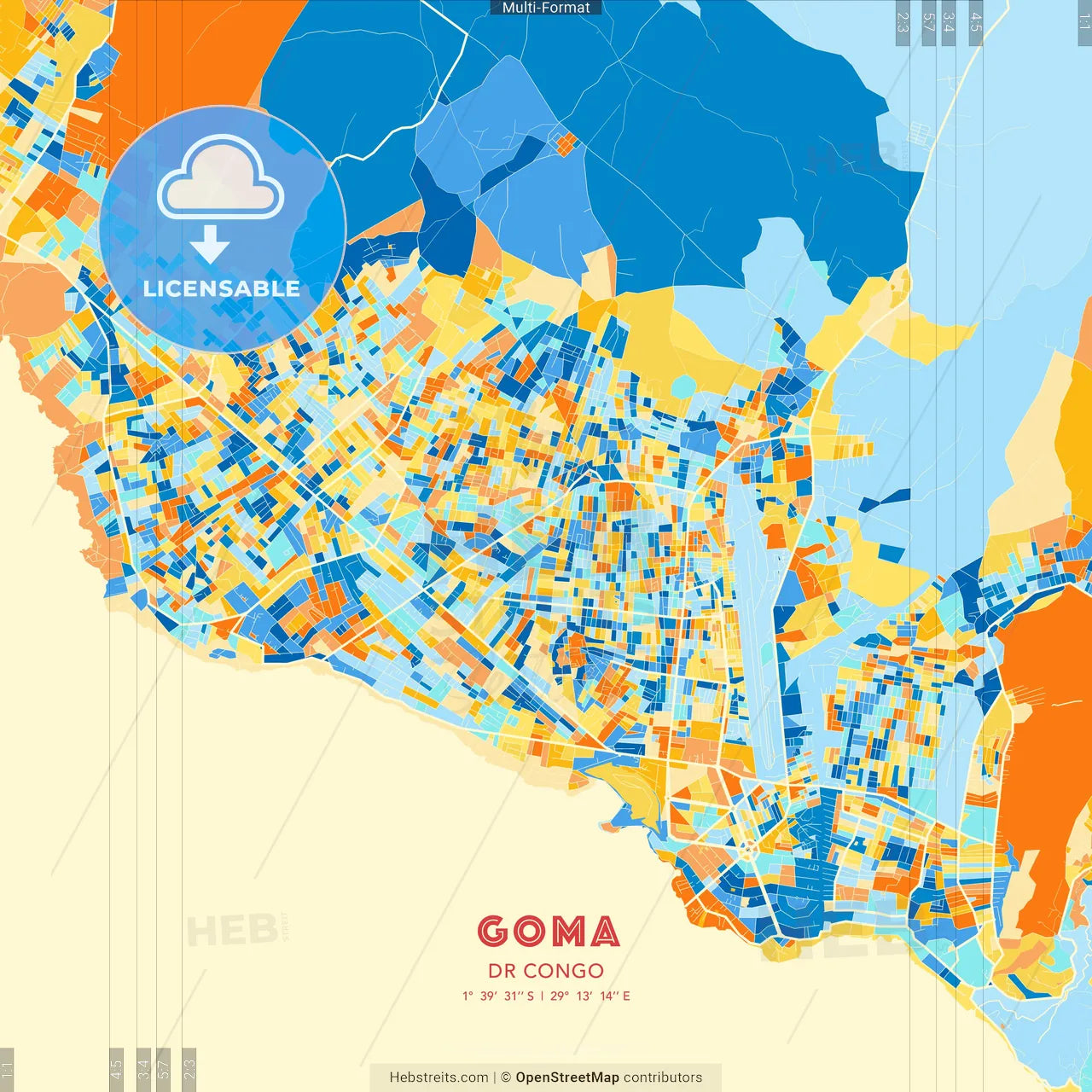 Goma, DR Congo blue and orange vector art map template