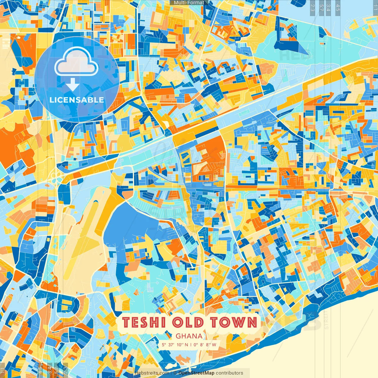 Teshi Old Town, Ghana blue and orange vector art map template