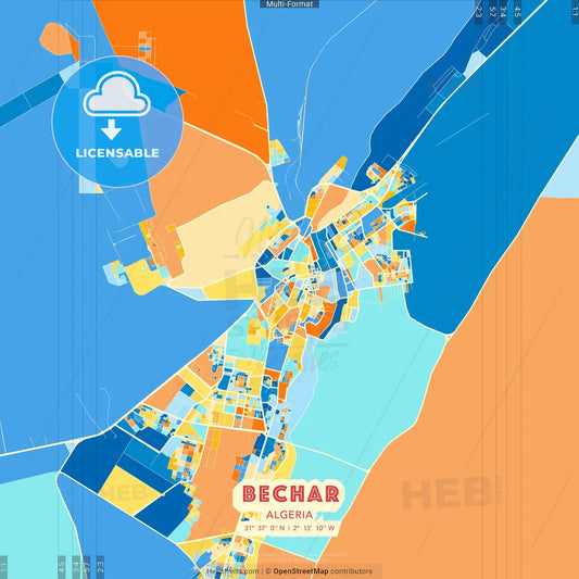 Bechar, Algeria blue and orange vector art map template