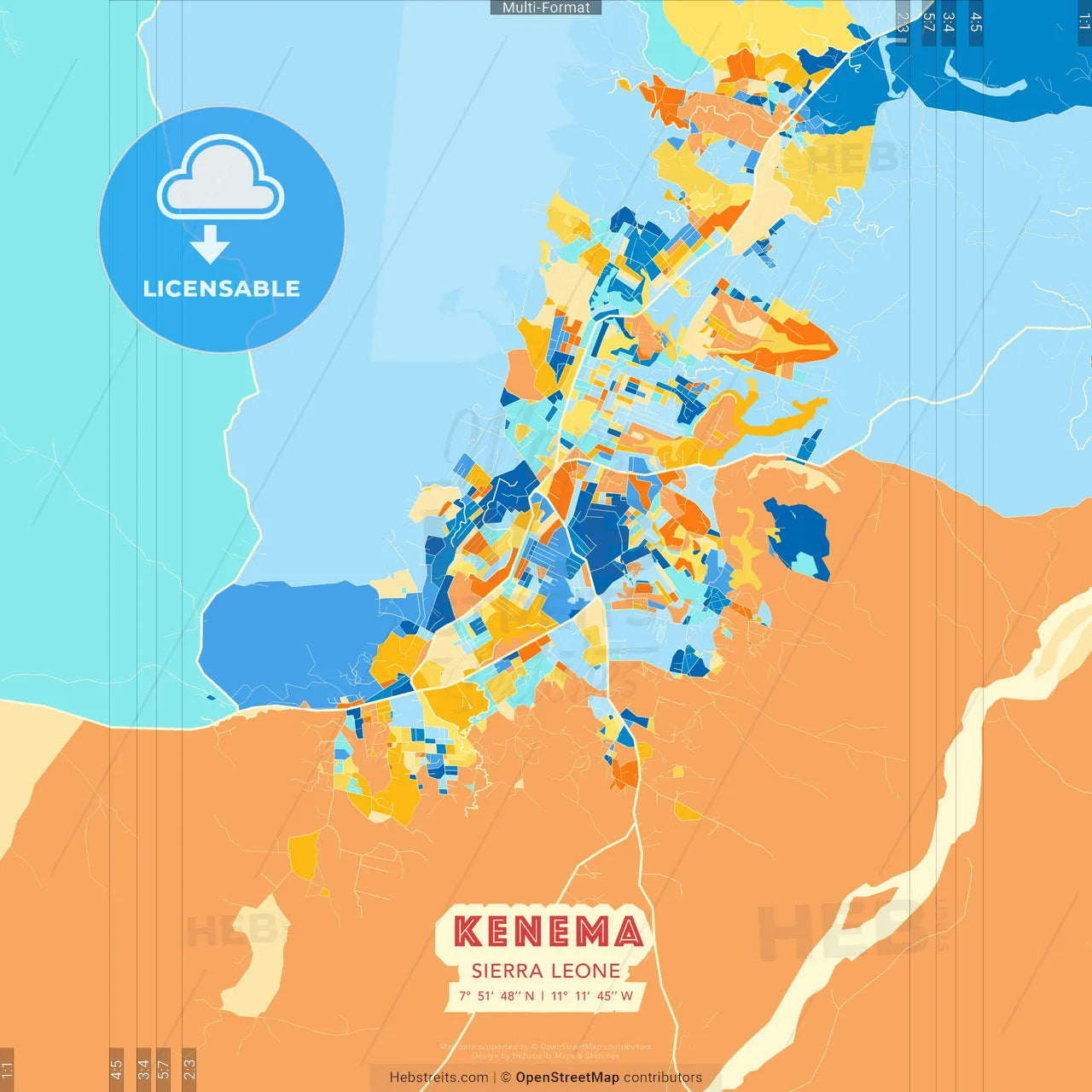 Kenema, Sierra Leone blue and orange vector art map template