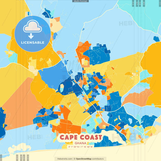 Cape Coast, Ghana blue and orange vector art map template