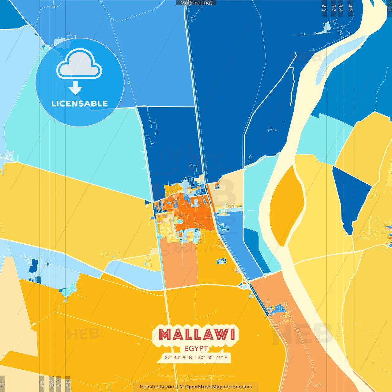 Mallawi, Egypt blue and orange vector art map template