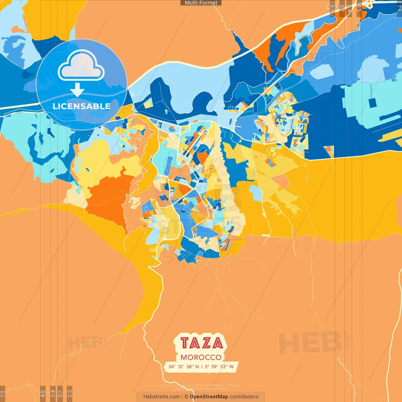 Taza, Morocco blue and orange vector art map template