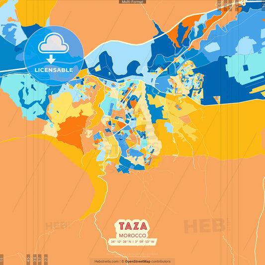 Taza, Morocco blue and orange vector art map template