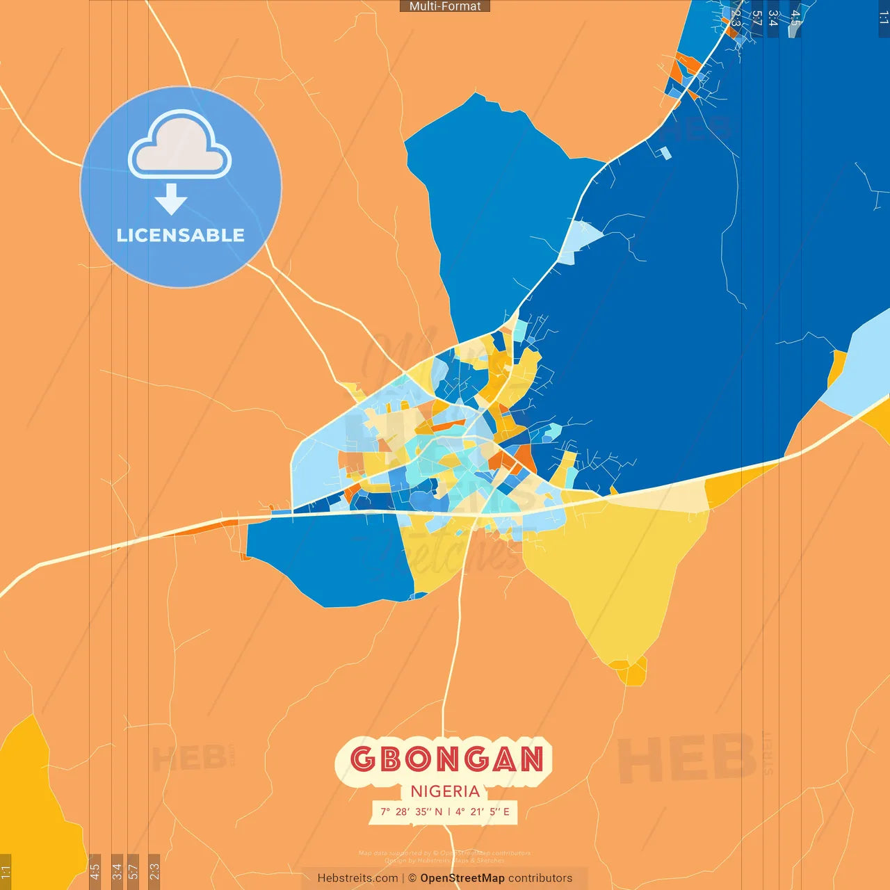 Gbongan, Nigeria blue and orange vector art map template