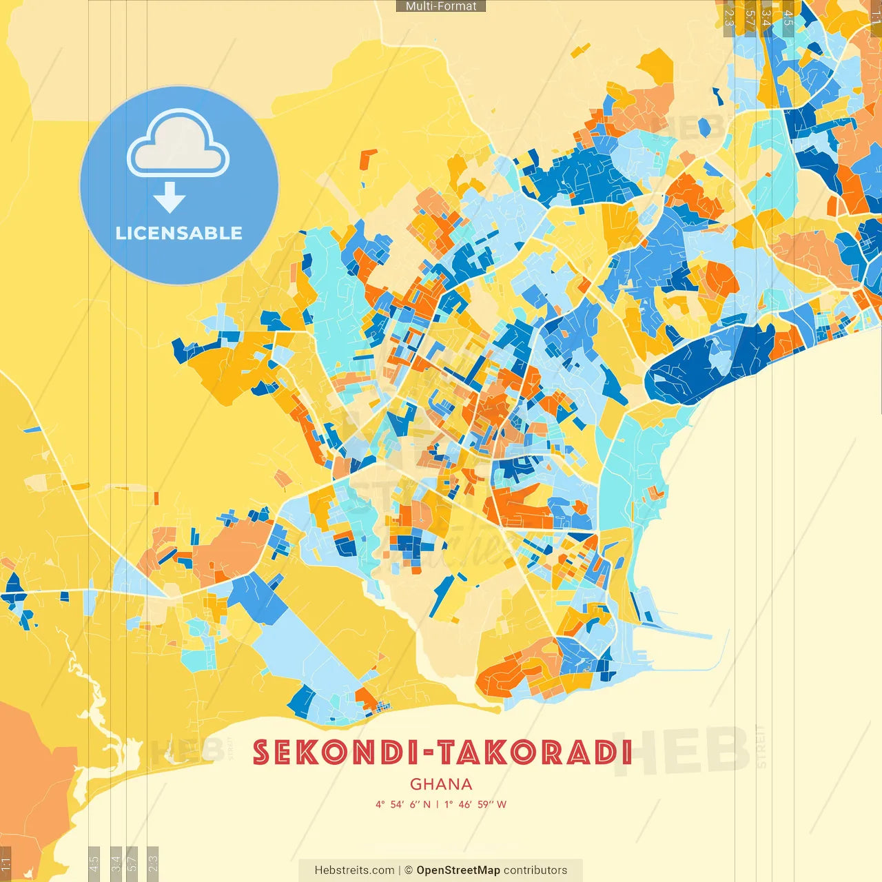 Sekondi-Takoradi, Ghana blue and orange vector art map template
