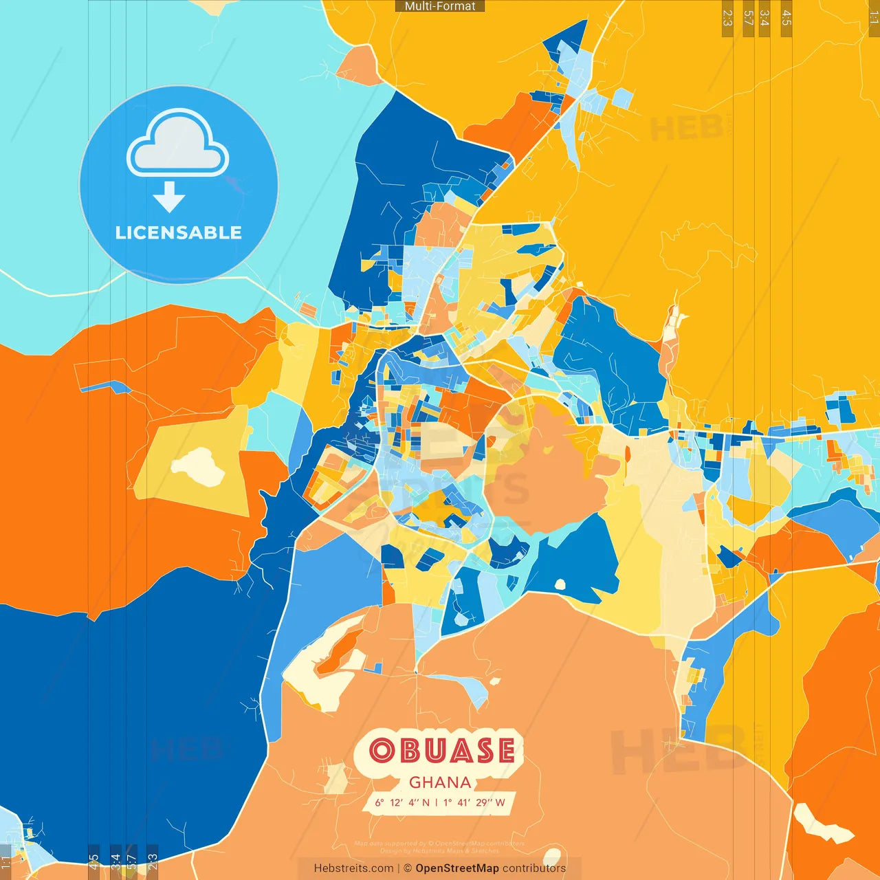 Obuase, Ghana blue and orange vector art map template