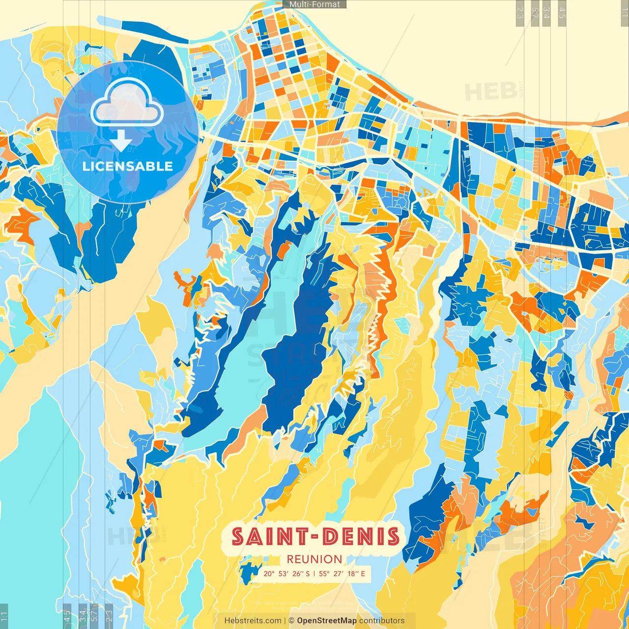 Saint-Denis, Reunion blue and orange vector art map template