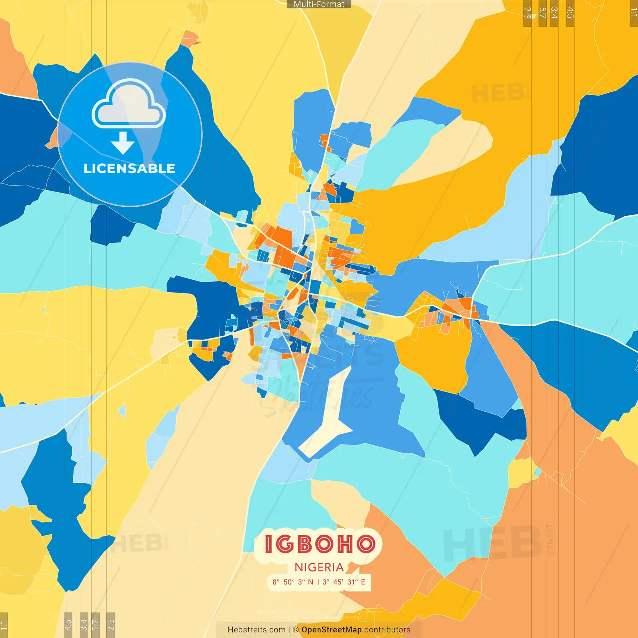Igboho, Nigeria blue and orange vector art map template