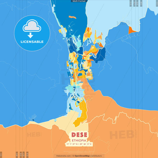 Dese, Ethiopia blue and orange vector art map template