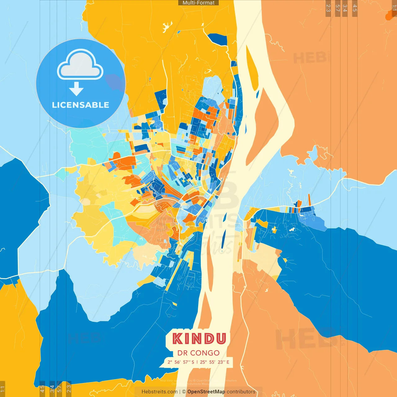 Kindu, DR Congo blue and orange vector art map template