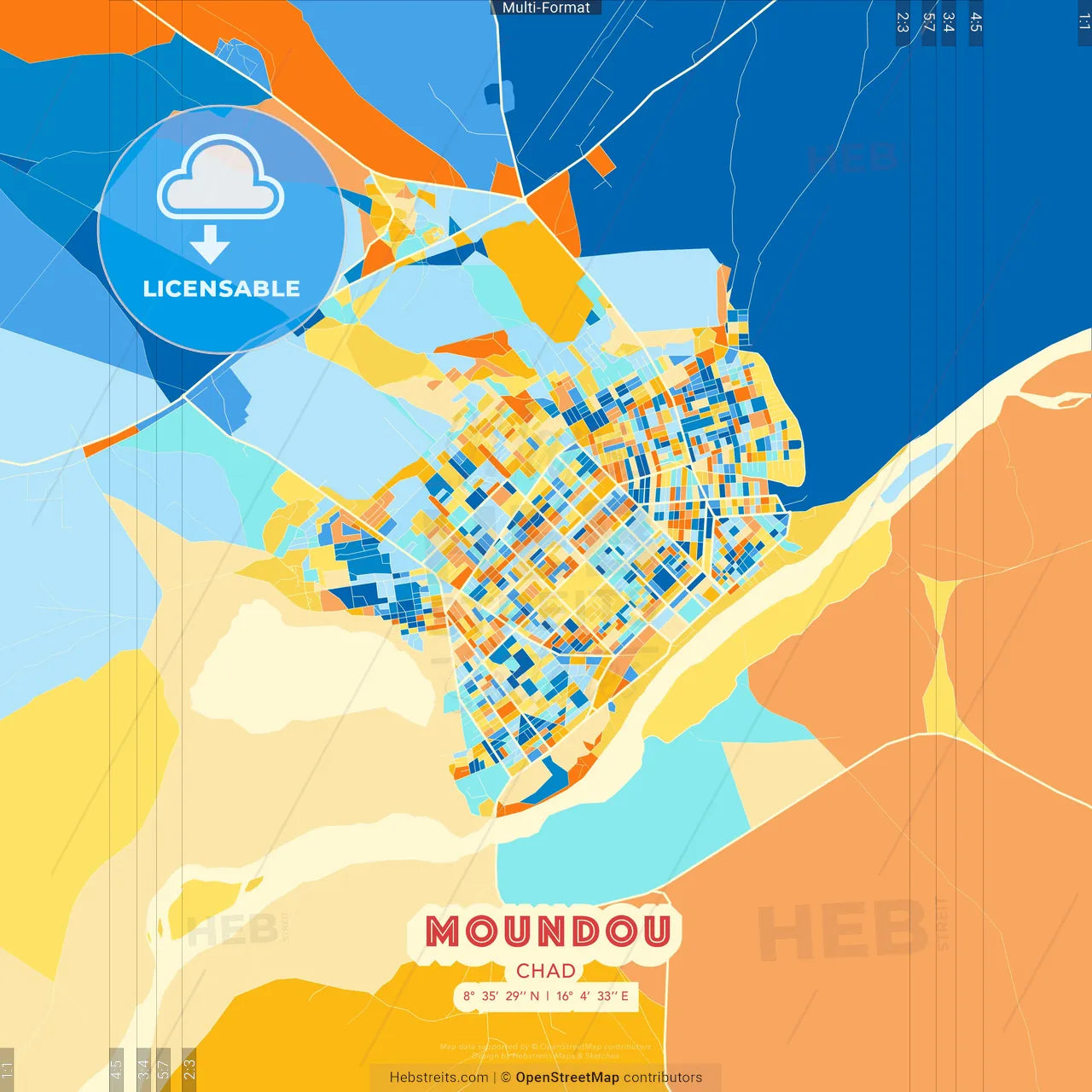 Moundou, Chad blue and orange vector art map template