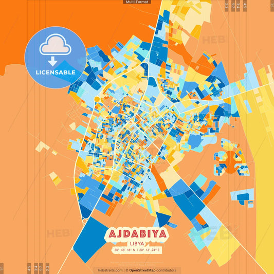 Ajdabiya, Libya blue and orange vector art map template