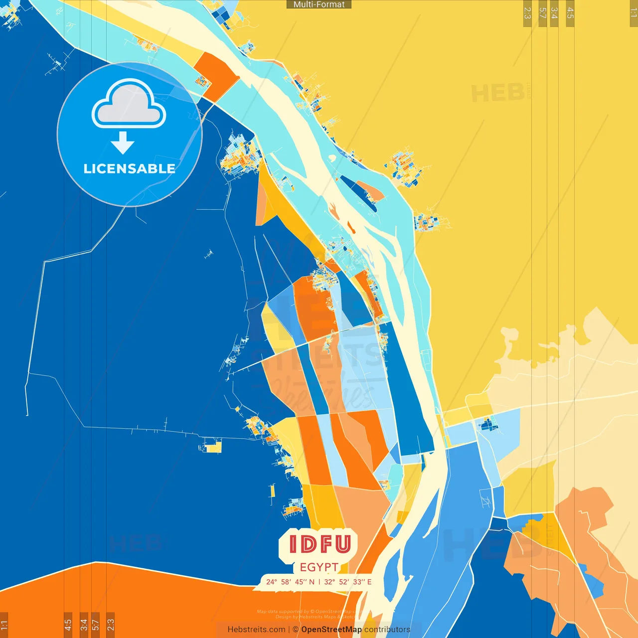 Idfu, Egypt blue and orange vector art map template