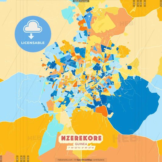 Nzerekore, Guinea blue and orange vector art map template