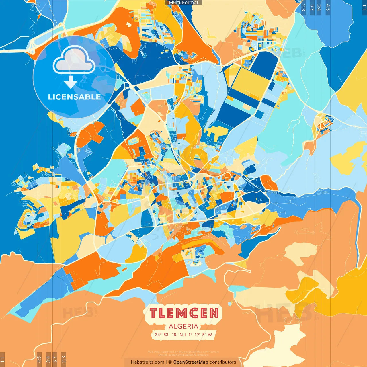 Tlemcen, Algeria blue and orange vector art map template