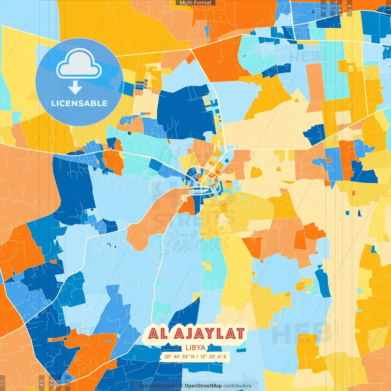 Al Ajaylat, Libya blue and orange vector art map template