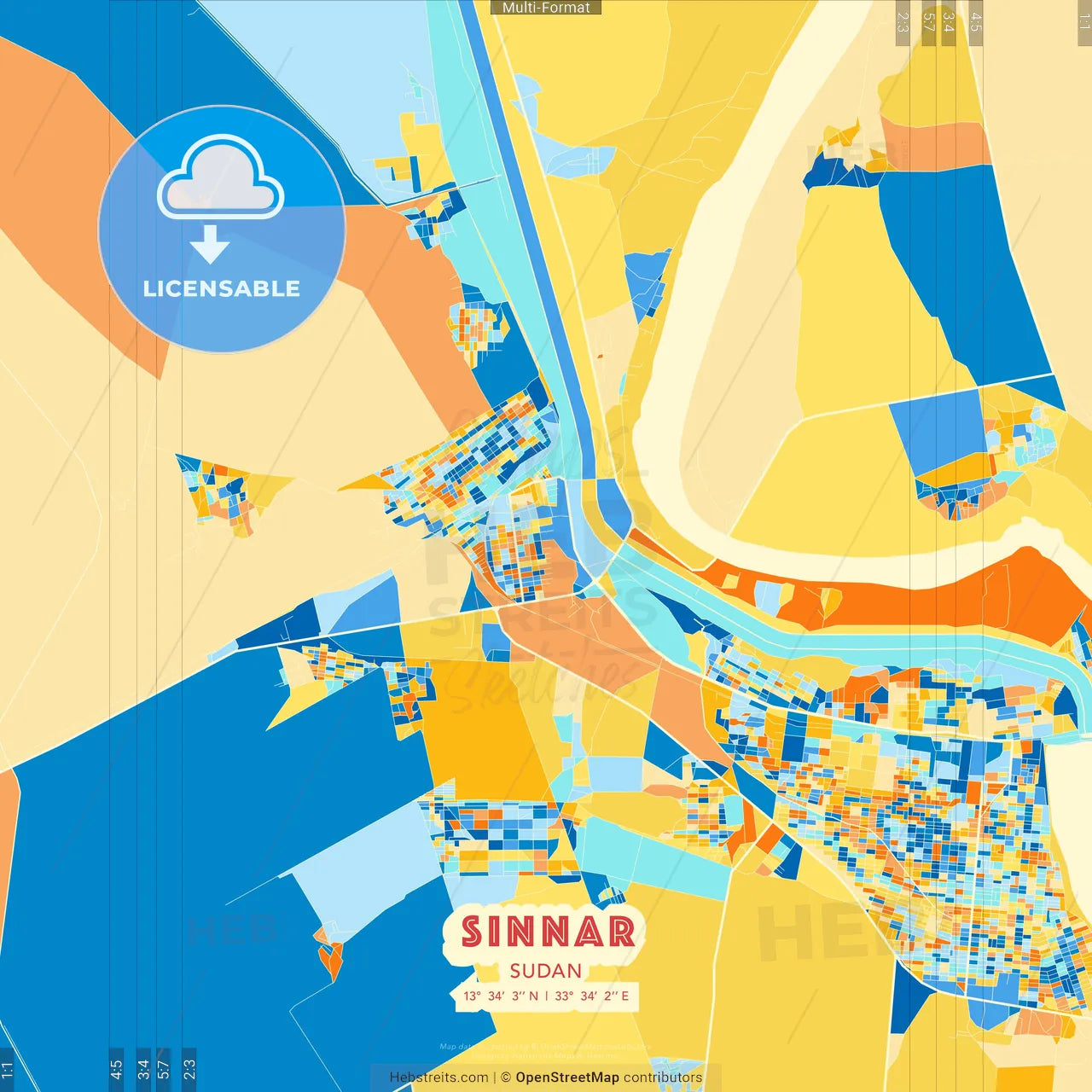 Sinnar, Sudan blue and orange vector art map template