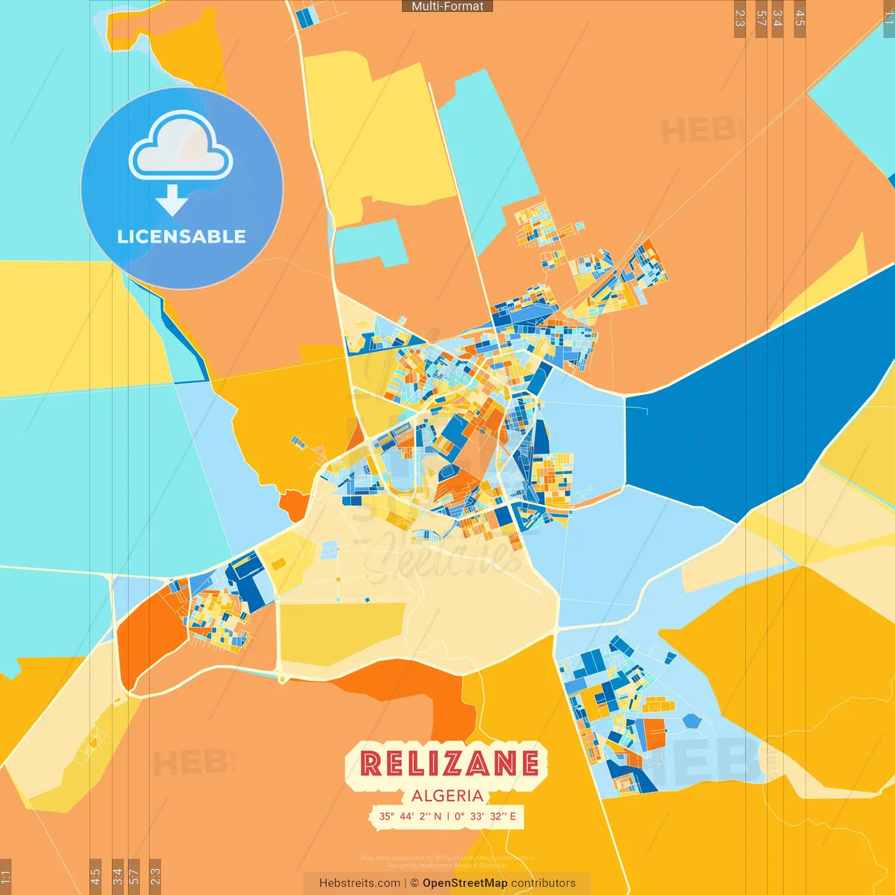 Relizane, Algeria blue and orange vector art map template