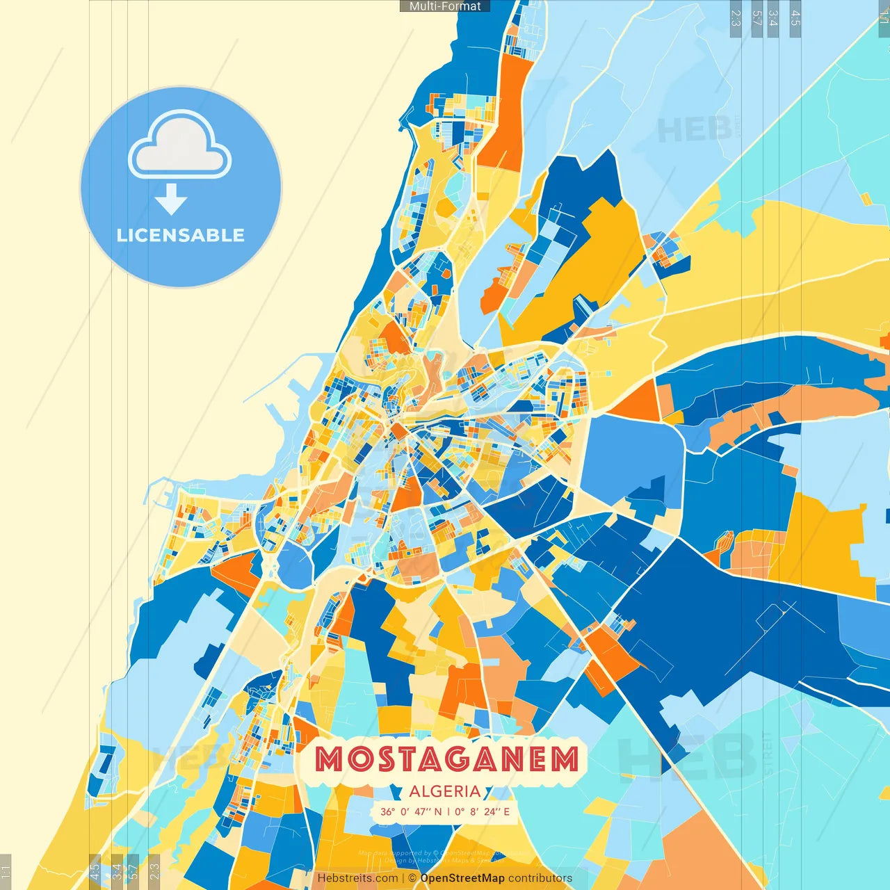 Mostaganem, Algeria blue and orange vector art map template