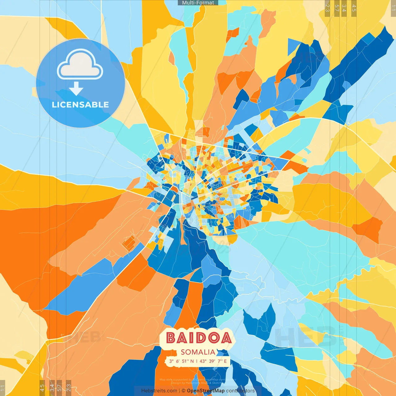 Baidoa, Somalia blue and orange vector art map template