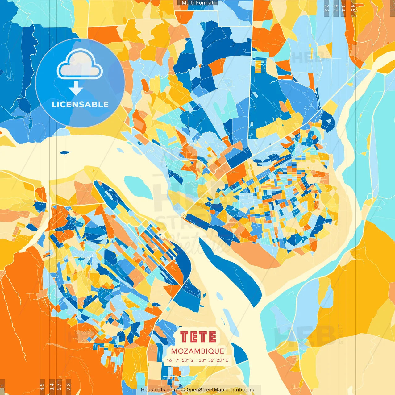 Tete, Mozambique blue and orange vector art map template