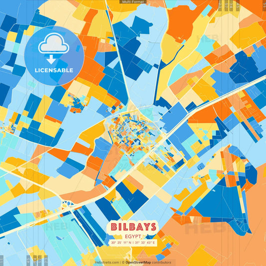 Bilbays, Egypt blue and orange vector art map template