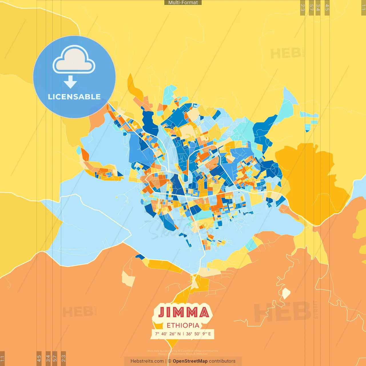 Jimma, Ethiopia blue and orange vector art map template
