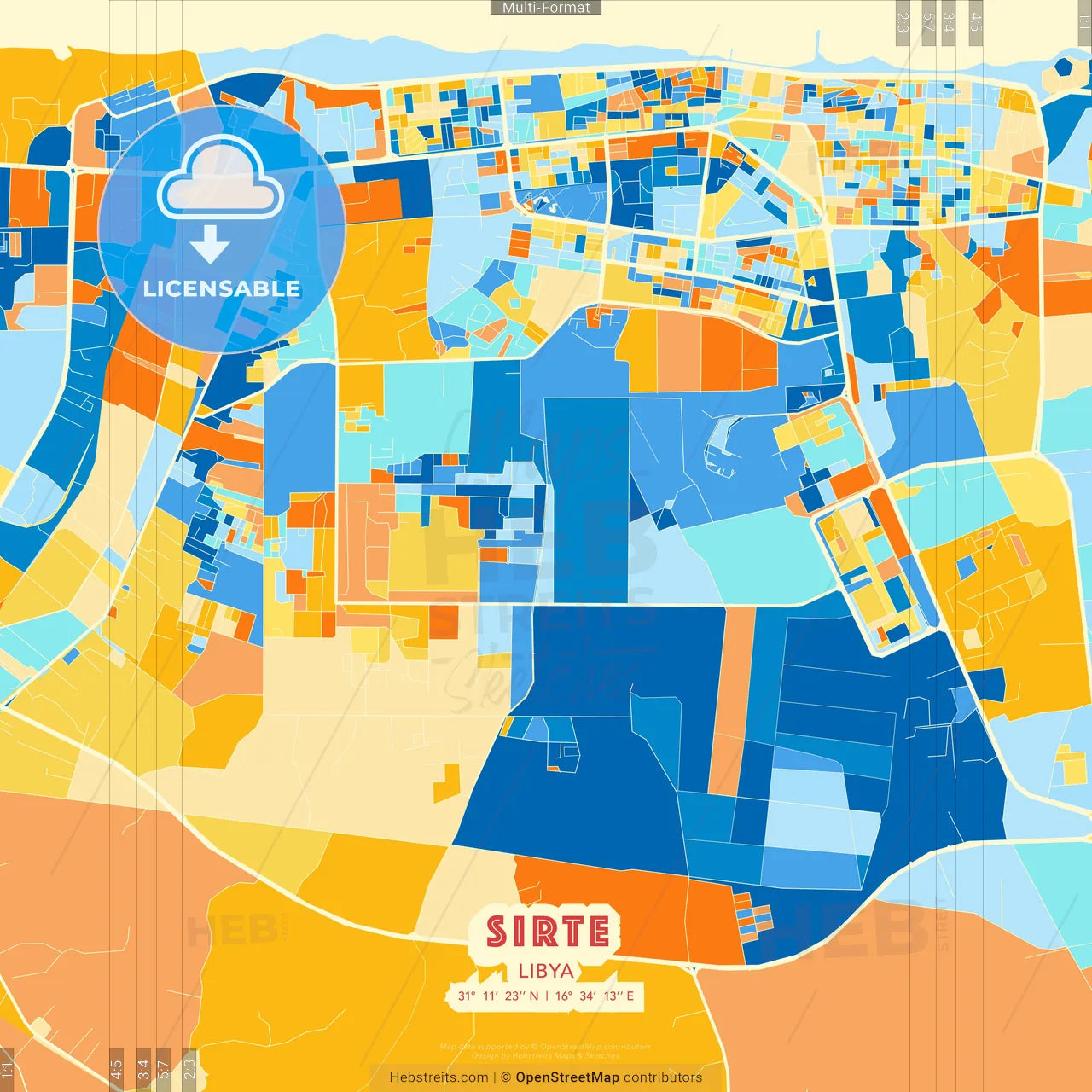Sirte, Libya blue and orange vector art map template