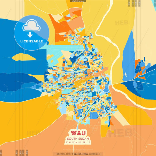 Wau, South Sudan blue and orange vector art map template