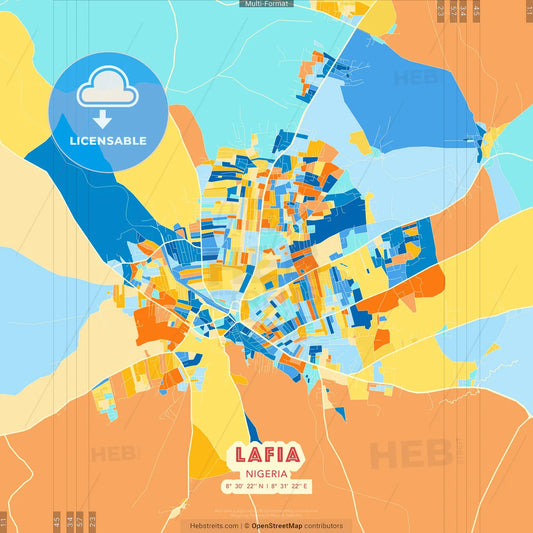 Lafia, Nigeria blue and orange vector art map template