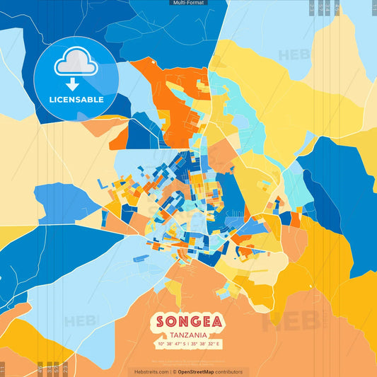 Songea, Tanzania blue and orange vector art map template