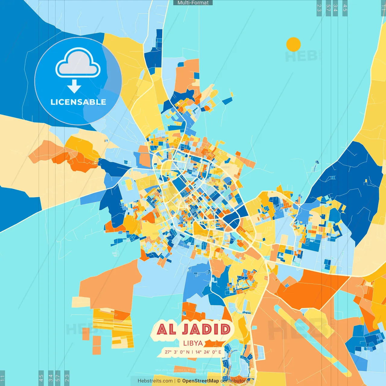Al Jadid, Libya blue and orange vector art map template