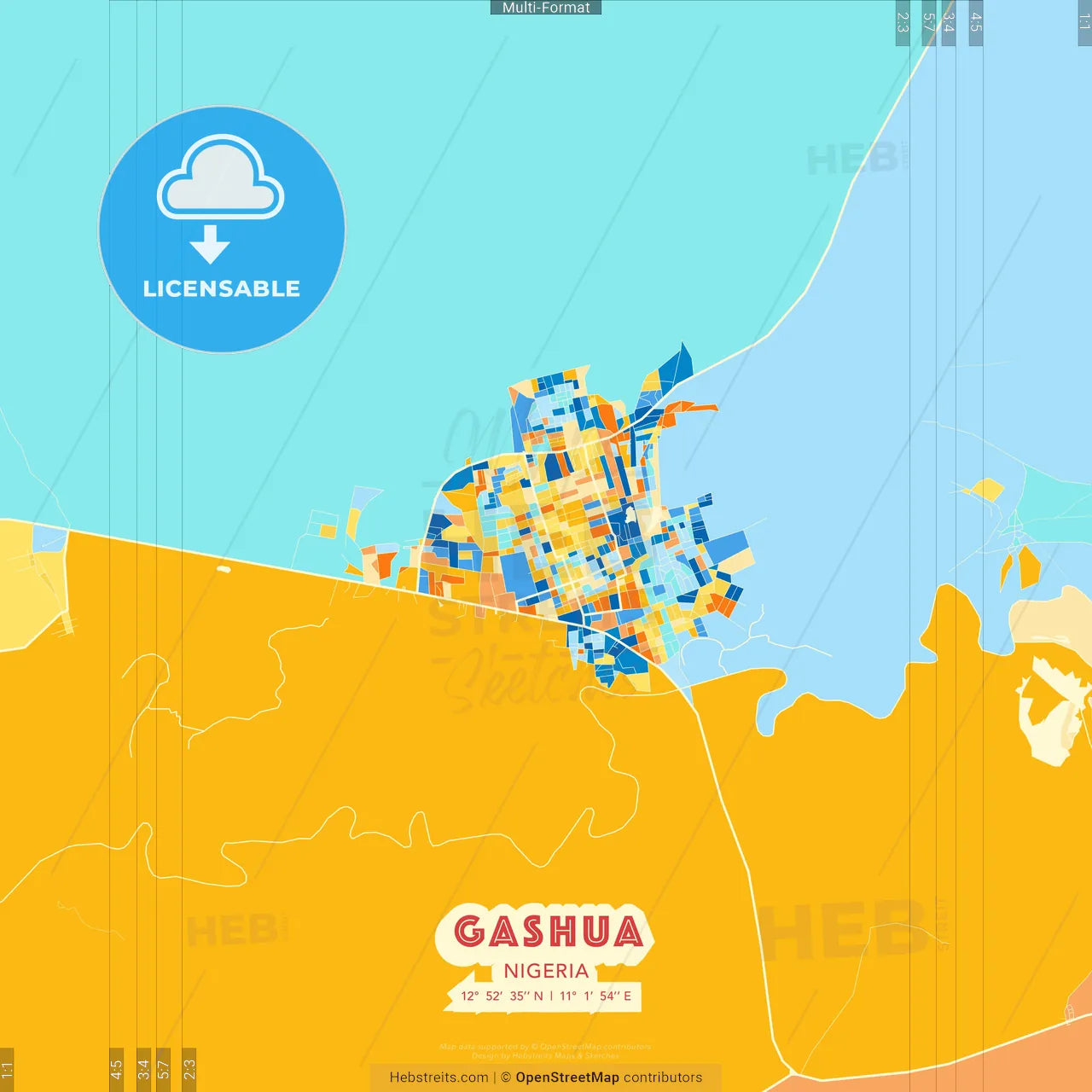Gashua, Nigeria blue and orange vector art map template