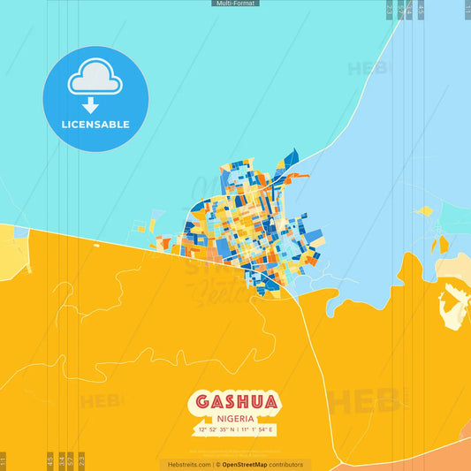 Gashua, Nigeria blue and orange vector art map template