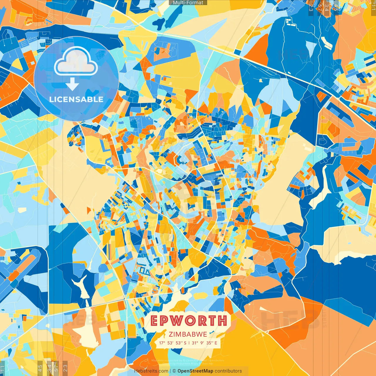 Epworth, Zimbabwe blue and orange vector art map template