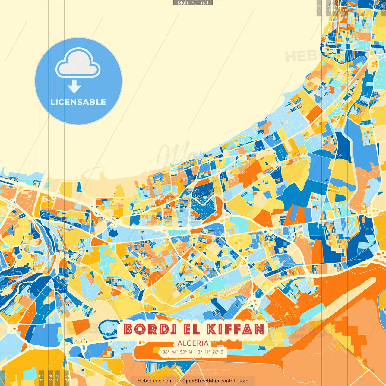 Bordj el Kiffan, Algeria blue and orange vector art map template