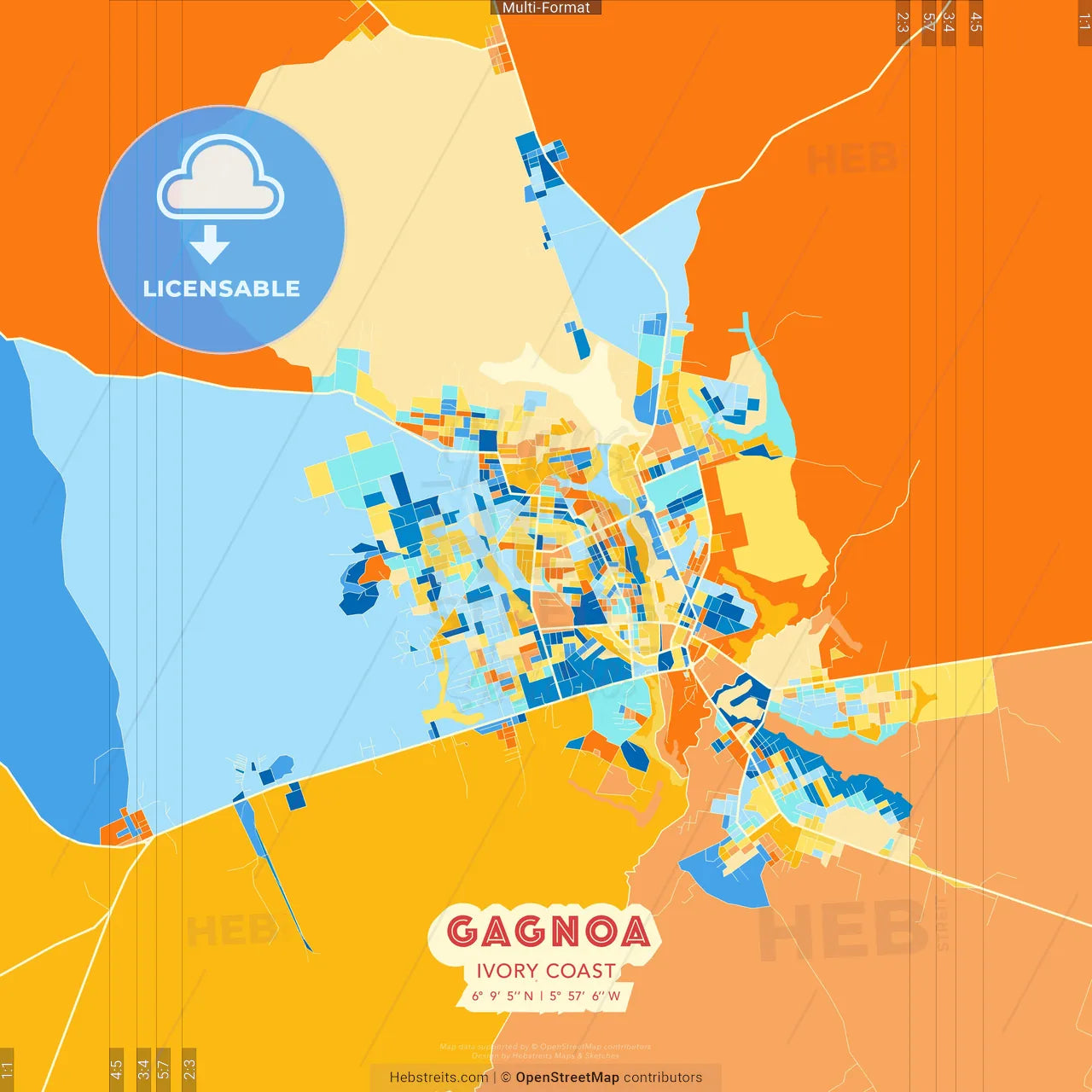 Gagnoa, Ivory Coast blue and orange vector art map template