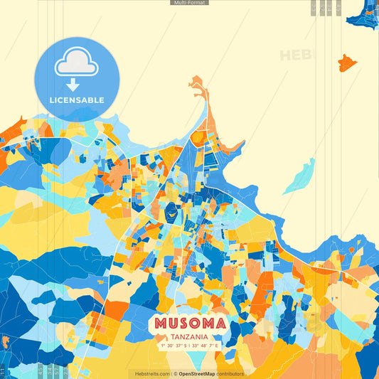Musoma, Tanzania blue and orange vector art map template