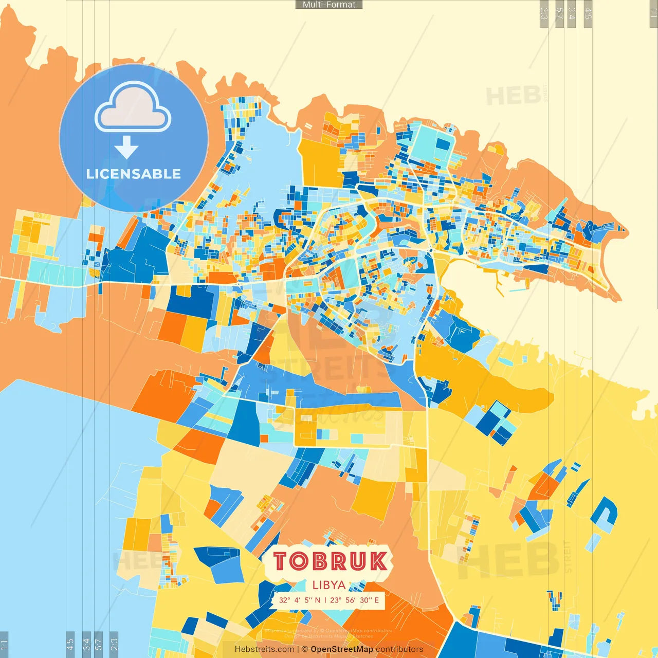 Tobruk, Libya blue and orange vector art map template