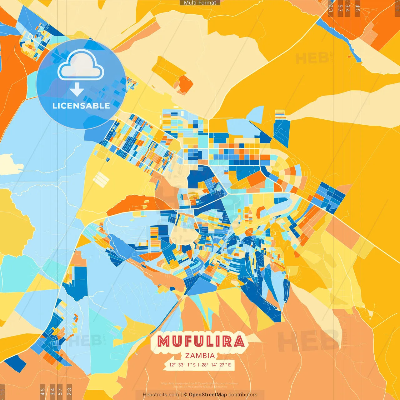 Mufulira, Zambia blue and orange vector art map template