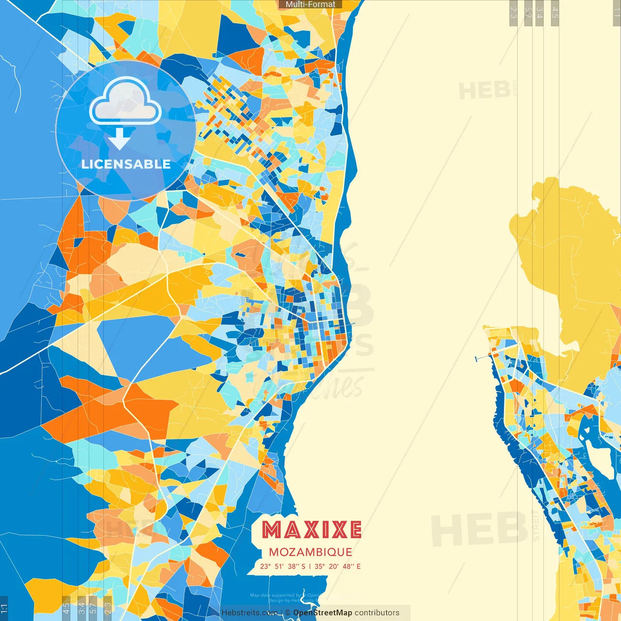 Maxixe, Mozambique blue and orange vector art map template