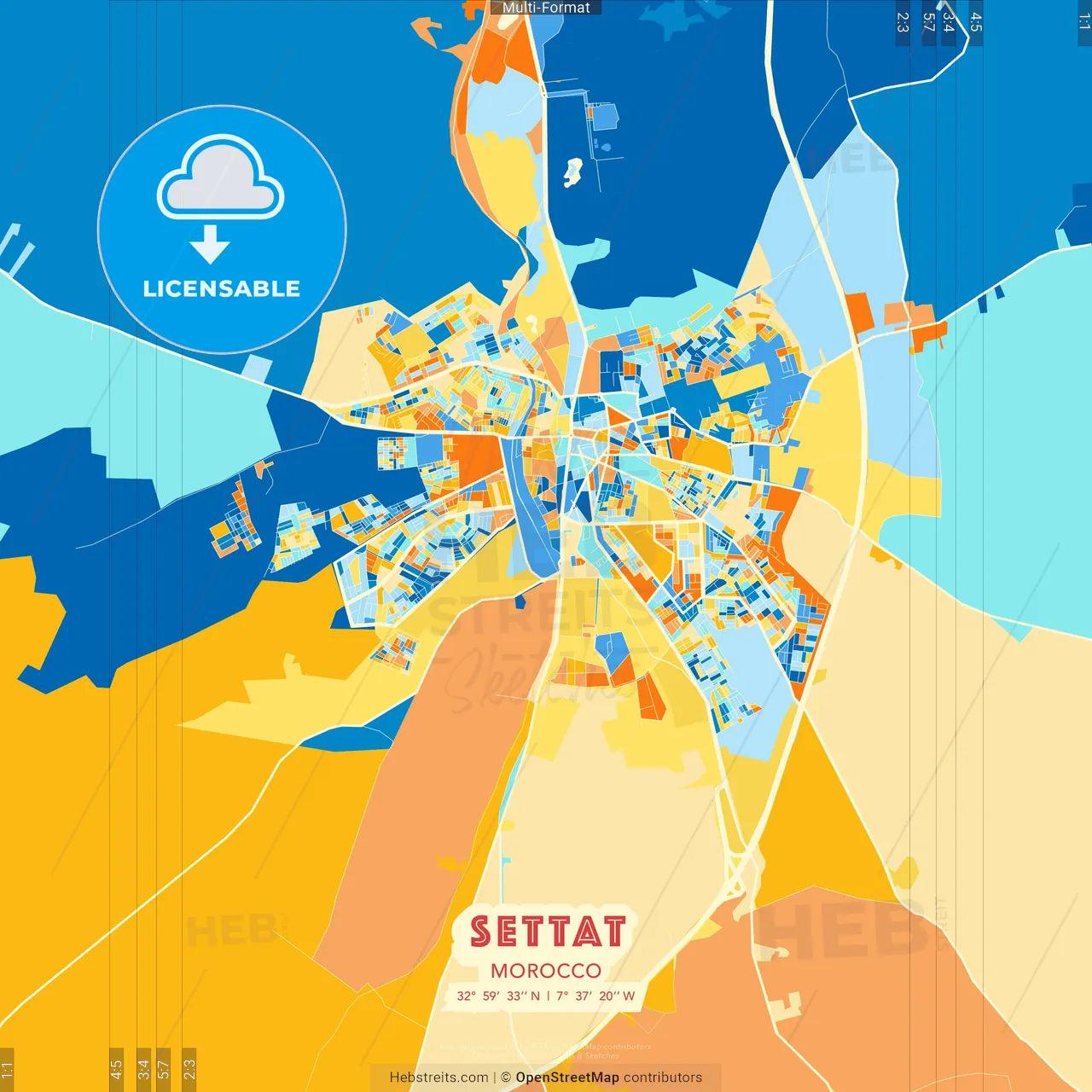 Settat, Morocco blue and orange vector art map template