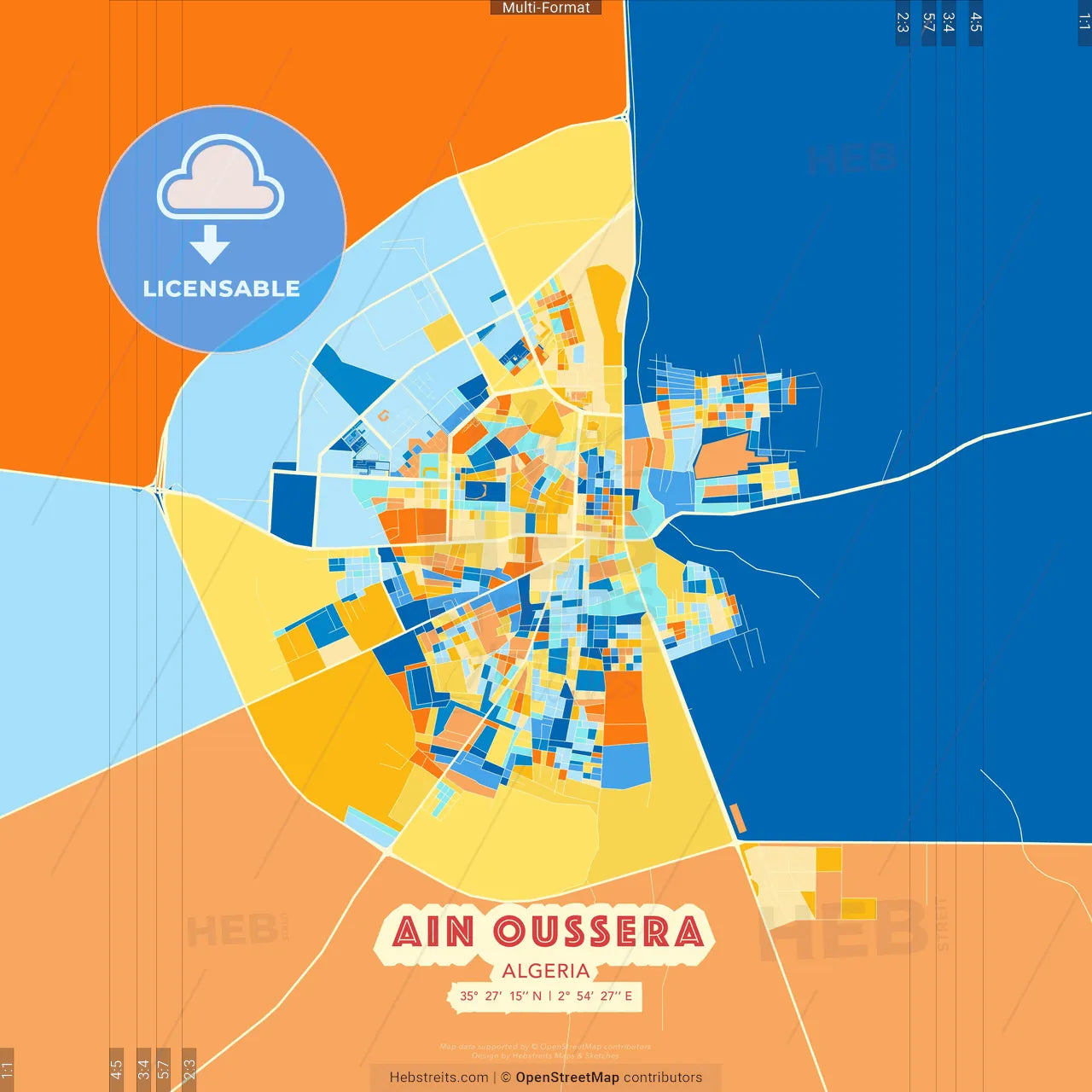 Ain Oussera, Algeria blue and orange vector art map template