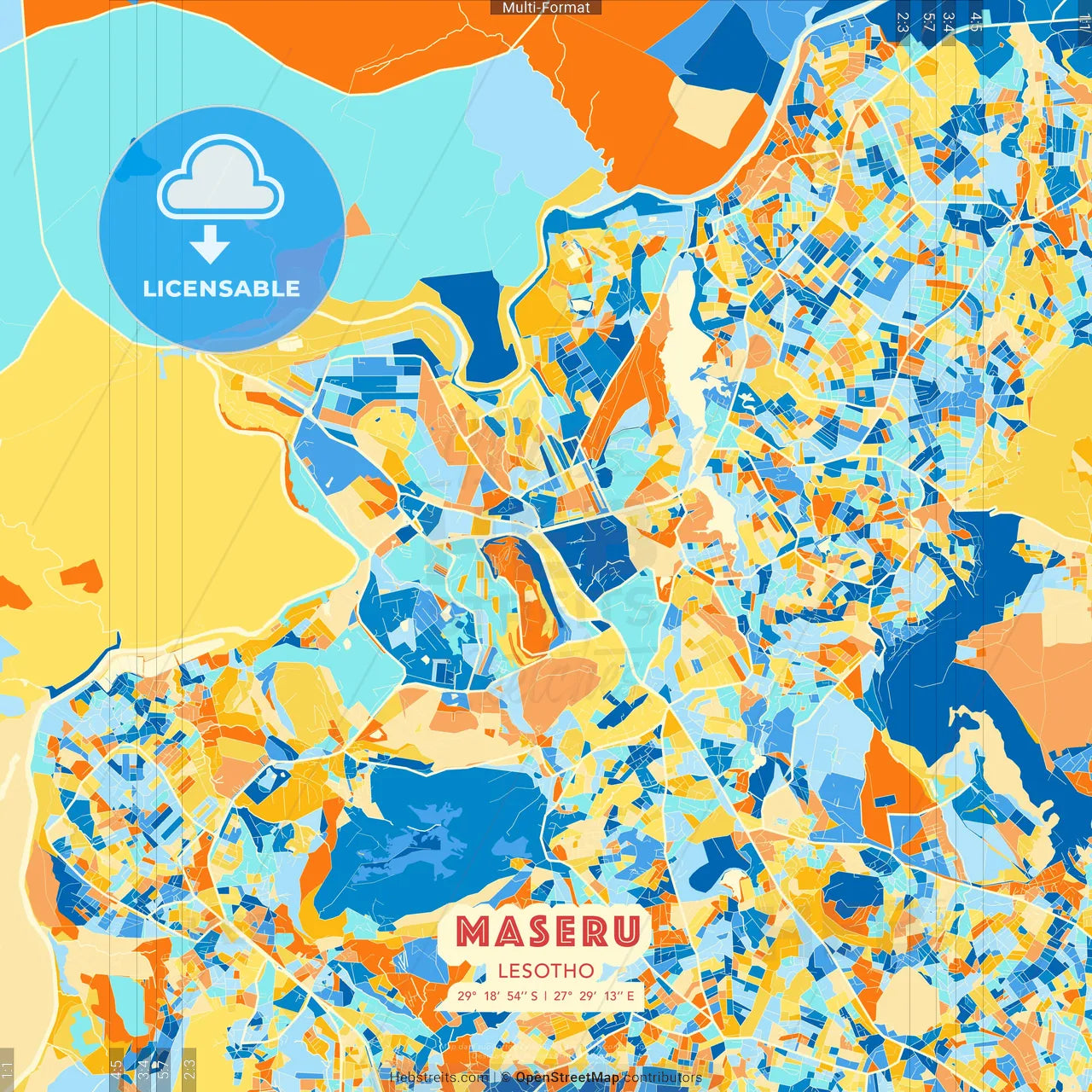 Maseru, Lesotho blue and orange vector art map template