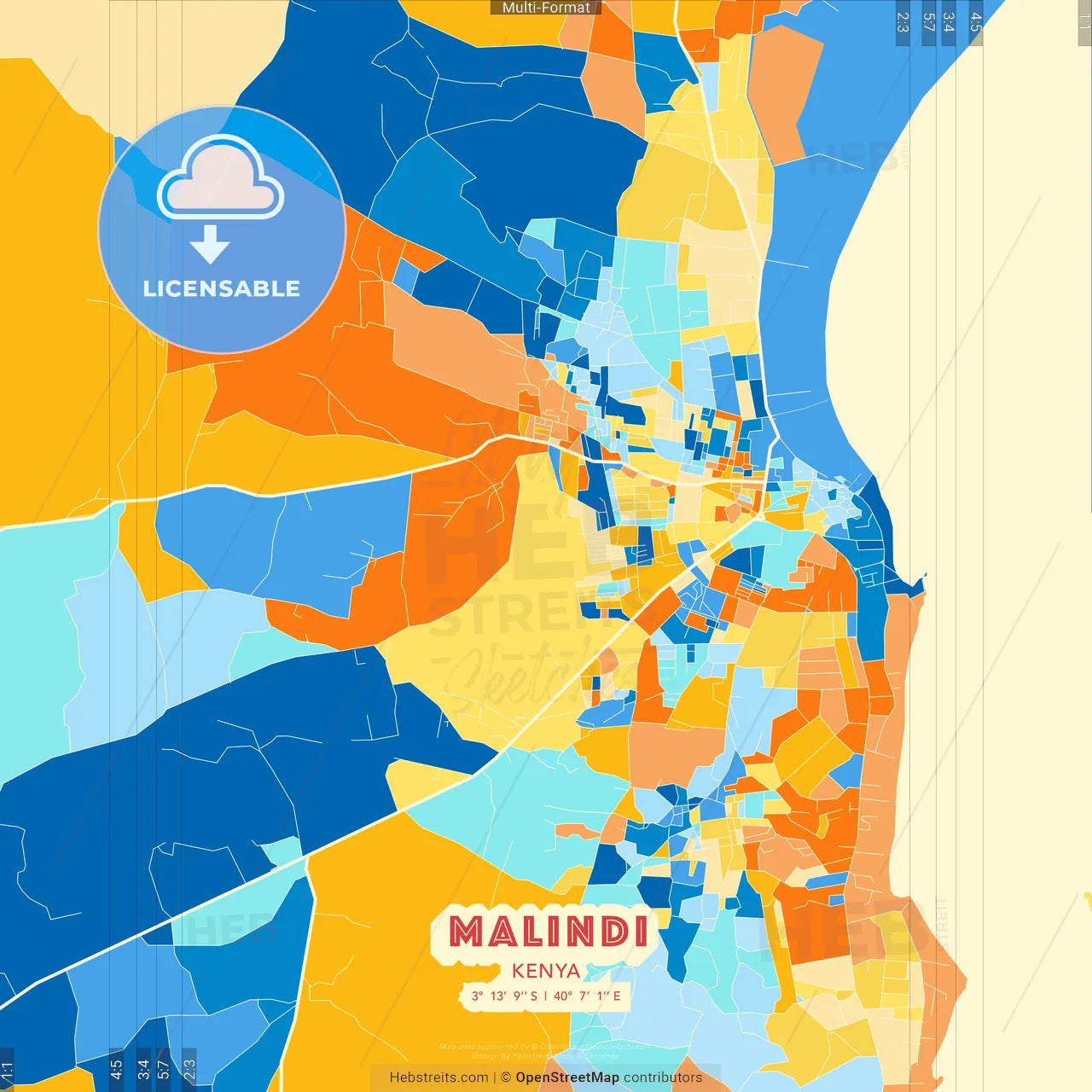 Malindi, Kenya blue and orange vector art map template